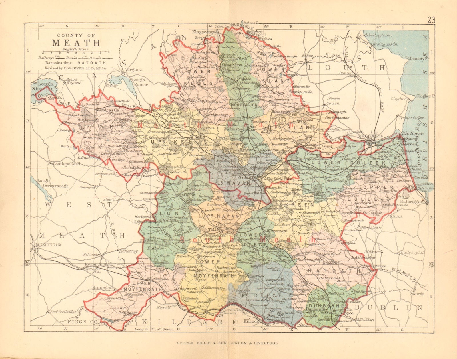 COUNTY MEATH. Antique county map. Leinster. Ireland. BARTHOLOMEW 1886 old